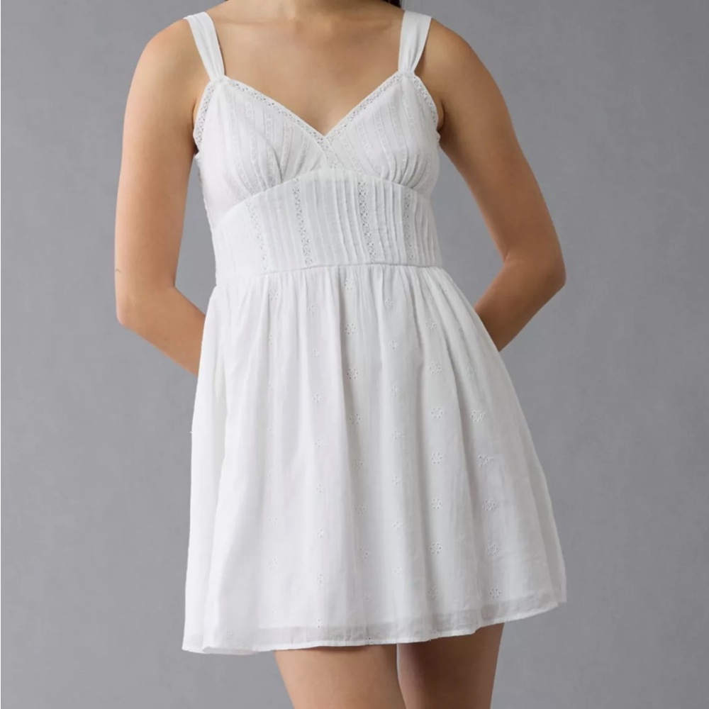 American Eagle White V-Neck Eyelet Mini Dress